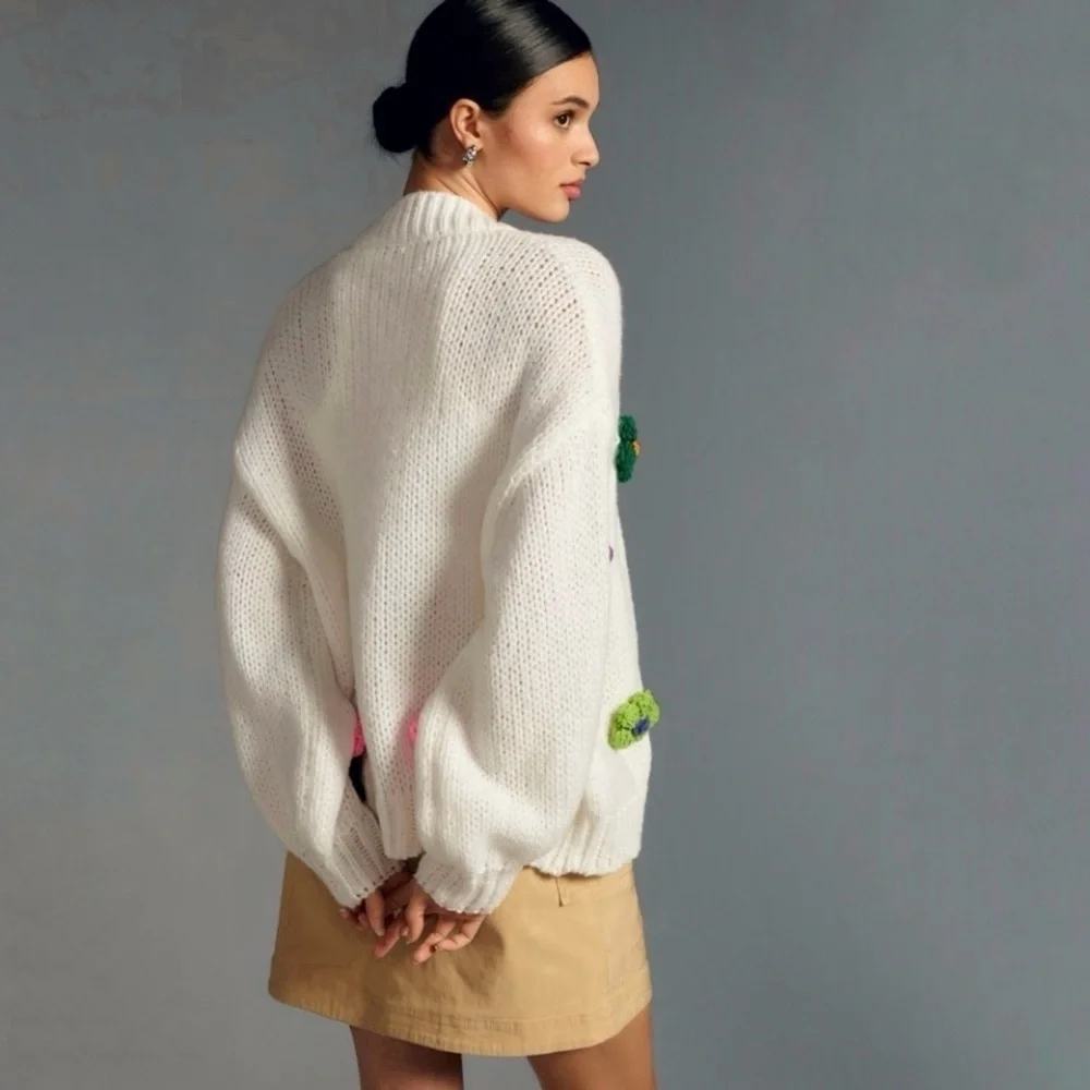 Anthropologie Maeve Susannah 3D Flower Cardigan Open Front Knit Sweater White OS